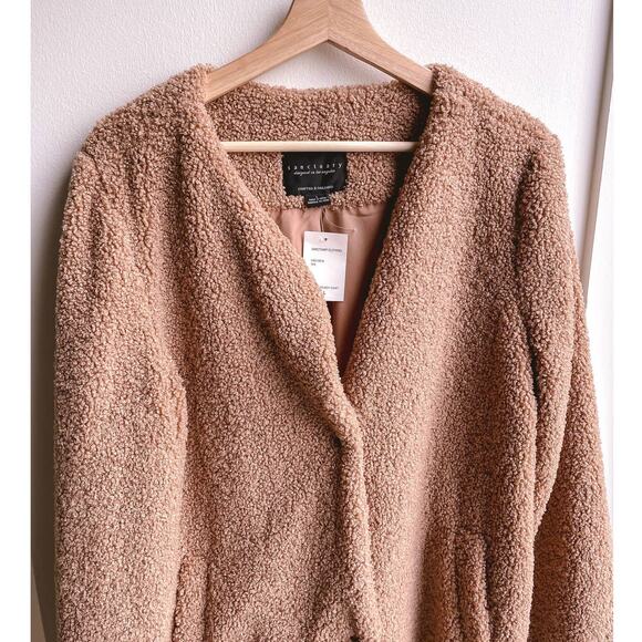 Sanctuary NWT Brown Teddy Fleece Coat Womens L Faux Fur Jacket Snap Front Soft - Picture 11 of 11